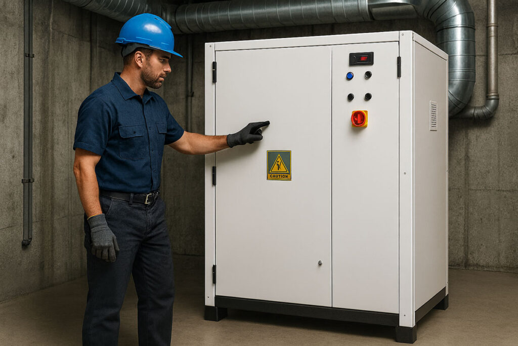 تکنسین در حال بررسی و سرویس دستگاه رطوبت‌گیر صنعتی آذرین اخگر سپاهان در محیط کارخانه با سیستم تهویه